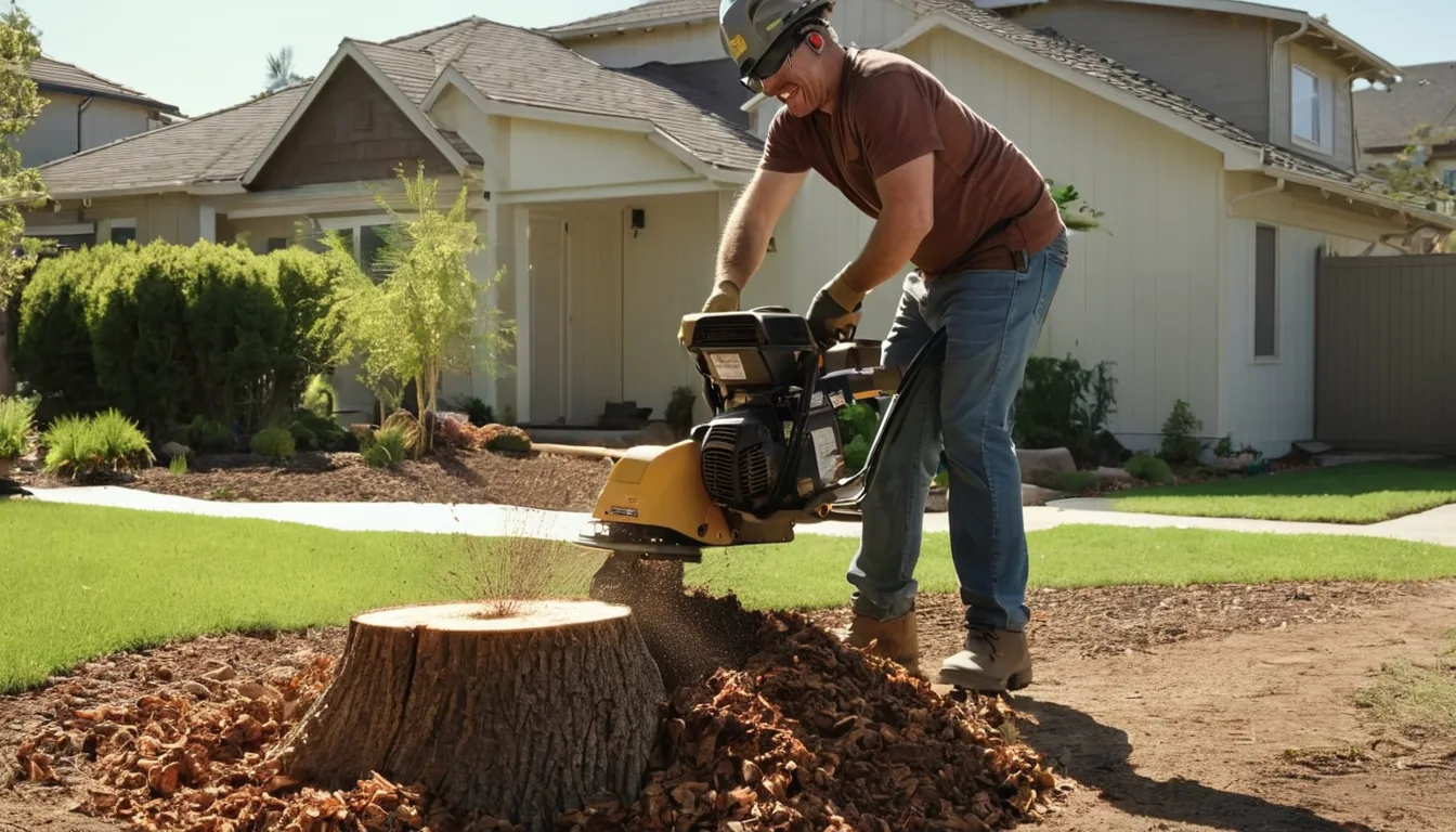 Provider grinding a tree stump in a Concord backyard while a homeowner looks on